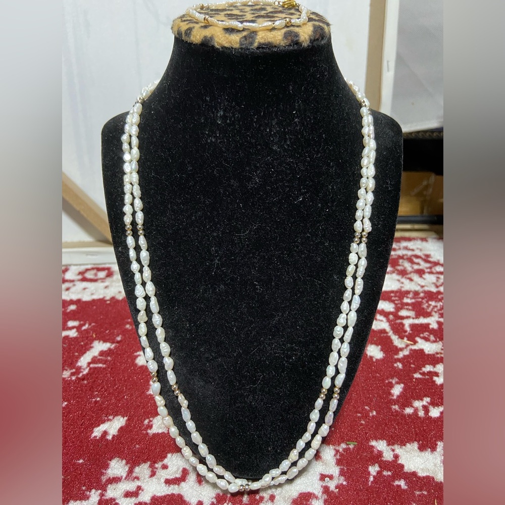 Faux Freshwater Pearl Dual Strand Necklace and Coordinating Bracelet